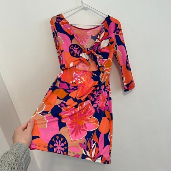TRINA TRINA TURK Ocean Floral Matte Jersey Tie Back Dress Orange Pink Mini Party - Picture 14 of 14